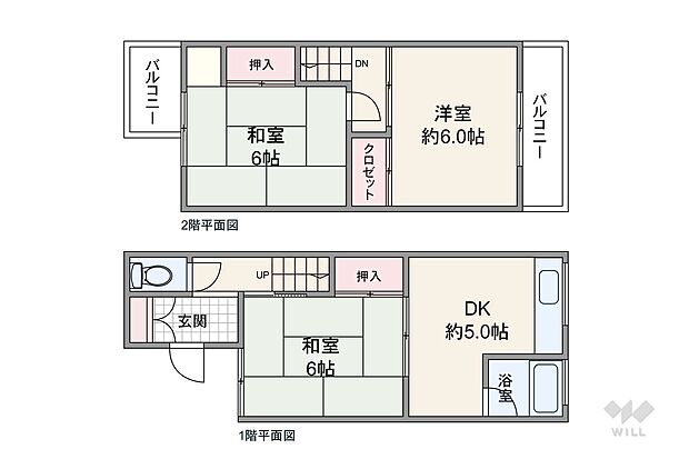 DKと和室が続き間になっており、和室をリビング代わりに使えるプラン。個室は全部屋6帖のゆとりが確保されています。2階の個室は直接隣接していないためプライバシーを保ちやすく、それぞれバルコニー付きです。