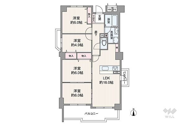 間取りは専有面積84.28平米の4LDK。LDK約16.0帖の縦長リビングのプラン。複数方向に採光部があり、バルコニー面積は13.45平米です。