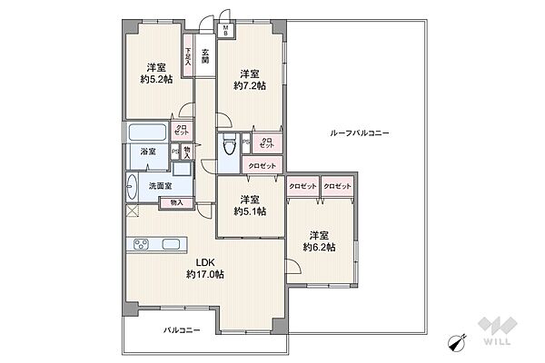 間取りは専有面積88.49平米の4LDK。ルーフバルコニー付き、LDK約17.0帖のプラン。複数方向に採光部があり、バルコニー面積は10.56平米です。