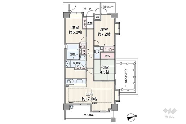 間取りは専有面積76.34平米の3LDK。ルーフバルコニー付き、LDK約15.5帖の横長リビングのプラン。複数方向に採光部があり、バルコニー面積は12.51平米です。