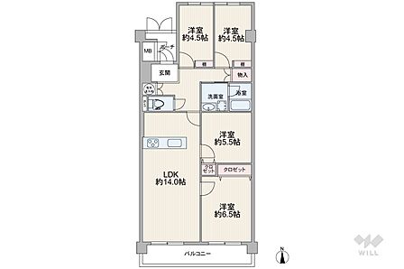 間取りは専有面積81.2平米の4LDK。LDK約14.0帖の縦長リビングのプラン。バルコニー面積は10.56平米です。