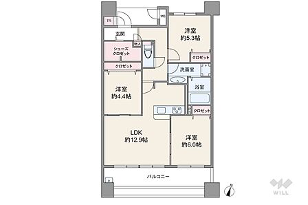 間取りは専有面積70.88平米の3LDK。LDK約12.9帖のプラン。バルコニー面積は14.8平米です。