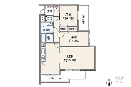 間取りは専有面積57.96平米の2LDK。LDK約15.7帖の横長リビングのプラン。複数方向に採光部があり、バルコニー面積は14.33平米です。