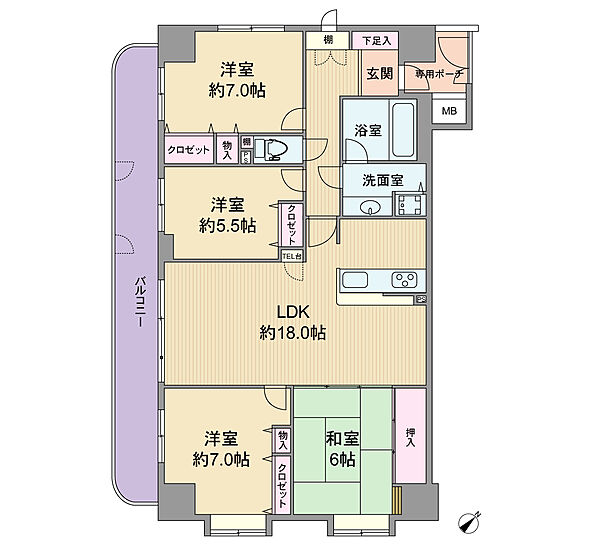 間取りは専有面積97.5平米の4LDK。玄関前に専用ポーチがあるプラン。玄関先から個室内部を見通せない構造でプライバシーを確保。3方向に窓があり、LDKを含む4室がバルコニーに面しています。