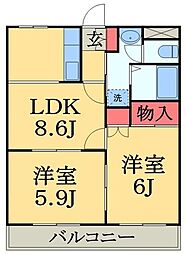 京成千原線 おゆみ野駅 徒歩7分の賃貸マンション 2階2LDKの間取り