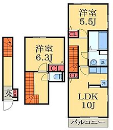 JR外房線 大網駅 徒歩15分の賃貸アパート 2階2LDKの間取り