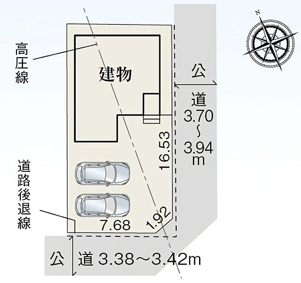 全1棟のご紹介。落ち着いた分譲地。東南角に位置する並列駐車2台可能な街区です。