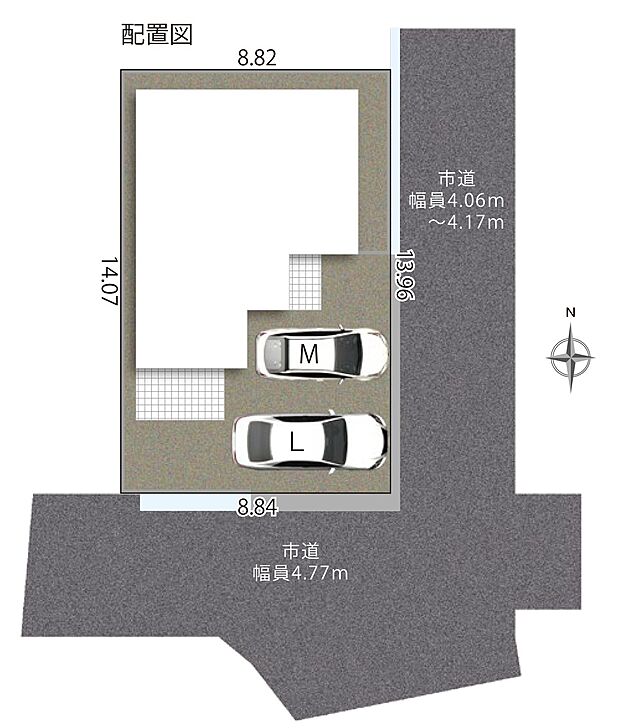 【配置図】南・東の2面が道路に面した開放的な角地。車の出し入れもスムーズなゆとりある敷地です。