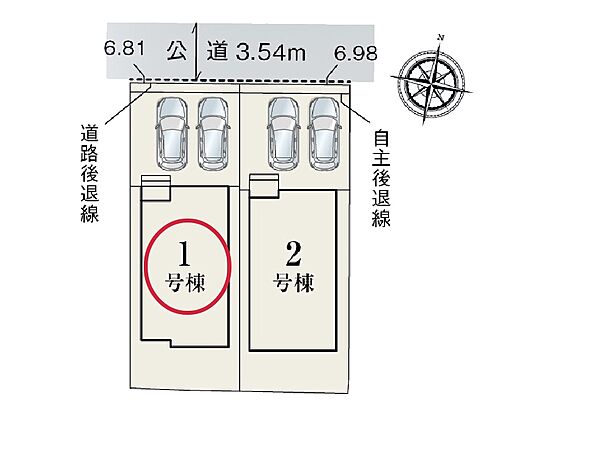 1号棟の全体区画図です。カースペースは並列で2台可能。