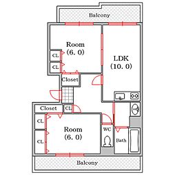ルッソ南堀江 2LDKの間取図画像