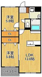 KIRA　HIAGARI 2階2LDKの間取り