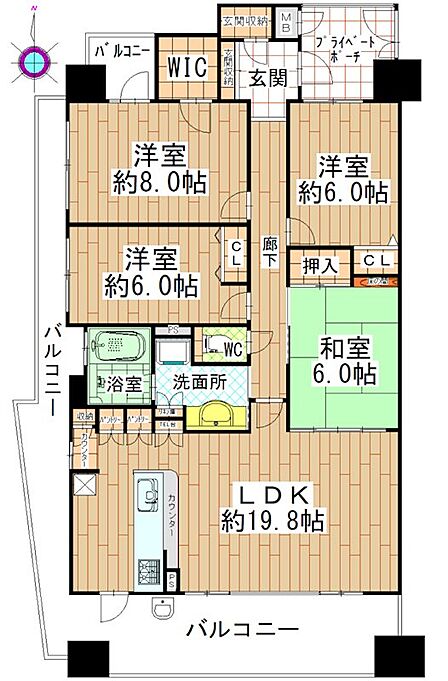 【間取】南向きバルコニーの4LDKで各居室6帖以上の南西角のお部屋でございます。