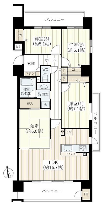 東南角部屋・全居室に収納スペースを備えた4LDK。約16.7帖のLDKは、ご家族での時間を豊かに彩ります。南・東・北の3方バルコニーで日当たりも良好です。