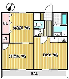 JR東海道・山陽本線 守山駅 徒歩15分の賃貸マンション 2階2DKの間取り