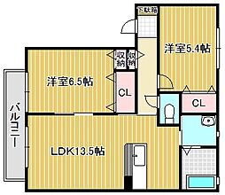 シャーメゾン六条C 2LDKの間取図画像
