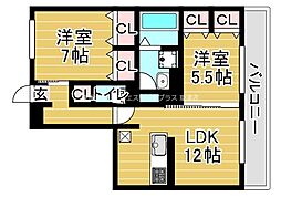 セジュールカルム 2LDKの間取図画像