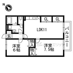 JR草津線 手原駅 徒歩16分の賃貸アパート 2階2LDKの間取り