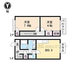 Ｂｏｎｈｅｕｒ水郷Ｂ 2階2DKの間取り