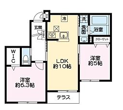プリムヴェール 1階2LDKの間取り