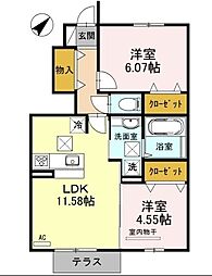 RaffineBiwa 1階2LDKの間取り
