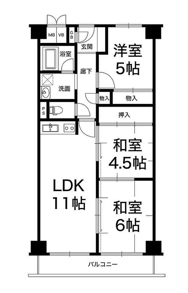 日商岩井グリーンサイドマンション(3LDK) 5階の間取り