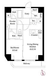 東京メトロ銀座線 田原町駅 徒歩3分の賃貸マンション 12階1LDKの間取り