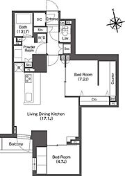 東京メトロ銀座線 稲荷町駅 徒歩3分の賃貸マンション 14階2LDKの間取り