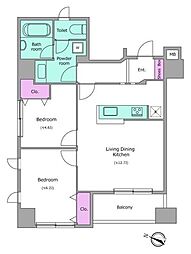東京メトロ日比谷線 人形町駅 徒歩5分の賃貸マンション 4階2LDKの間取り