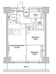 東京メトロ日比谷線 入谷駅 徒歩2分の賃貸マンション 14階2LDKの間取り