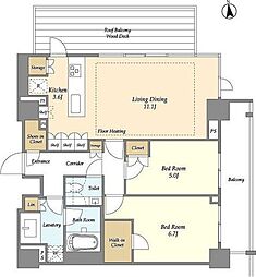 都営大江戸線 牛込柳町駅 徒歩5分の賃貸マンション 4階2LDKの間取り