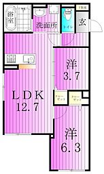 セレスティア扇V 1階2LDKの間取り