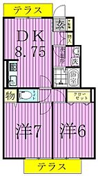 カーサメルヴェーユ 1階2DKの間取り