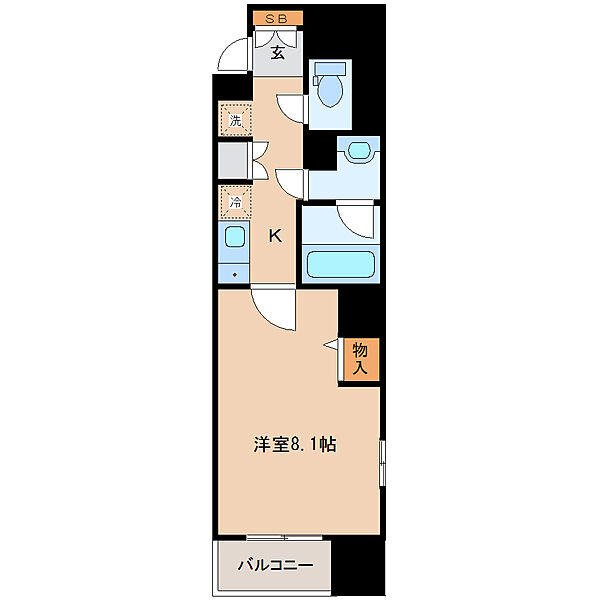 画像2:１Ｋ、洋室８．１帖。バルコニーは南東向きです。角部屋、二面採光。