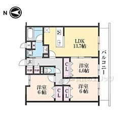 京都市営烏丸線 北大路駅 バス14分 ゴルフ場前下車 徒歩8分の賃貸マンション 3階3LDKの間取り