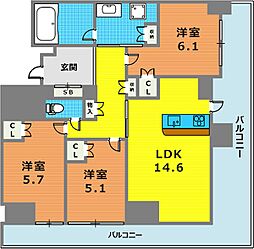 プラウドタワー神戸県庁前 3LDKの間取図画像