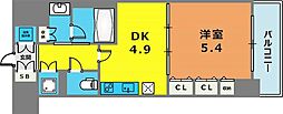 レジディア神戸磯上 1DKの間取図画像