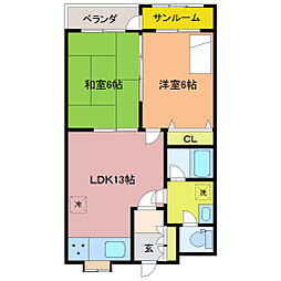 ヴィララボール新根塚 5階2LDKの間取り