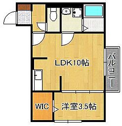 おおくぼの森　B棟 2階1LDKの間取り