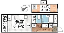 常陸多賀レジデンス 2階1Kの間取り