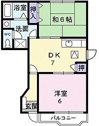 ハートフルI 1階2DKの間取り