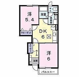 白蔵IIIB 1階2DKの間取り