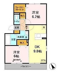 コスモパークA 2階2DKの間取り