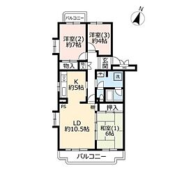 UR都市機構パークタウン若宮2号棟 3LDKの間取図画像