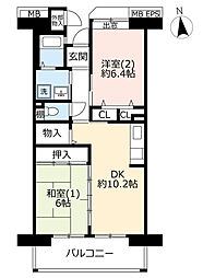 UR都市機構コンフォール東鳩ヶ谷5号棟 2DKの間取図画像