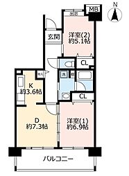 UR都市機構コンフォール領家1号棟 2DKの間取図画像