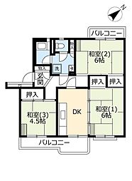UR若葉台 4階3DKの間取り
