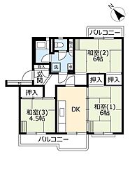 UR若葉台 4階3DKの間取り