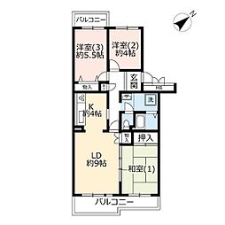 UR都市機構かわつるグリーンタウン松ケ丘1号棟 3LDKの間取図画像