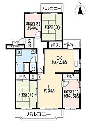 UR都市機構かわつるグリーンタウン松ケ丘1号棟 4LDKの間取図画像