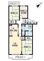 UR都市機構かわつるグリーンタウン松ケ丘1号棟 3LDKの間取図画像